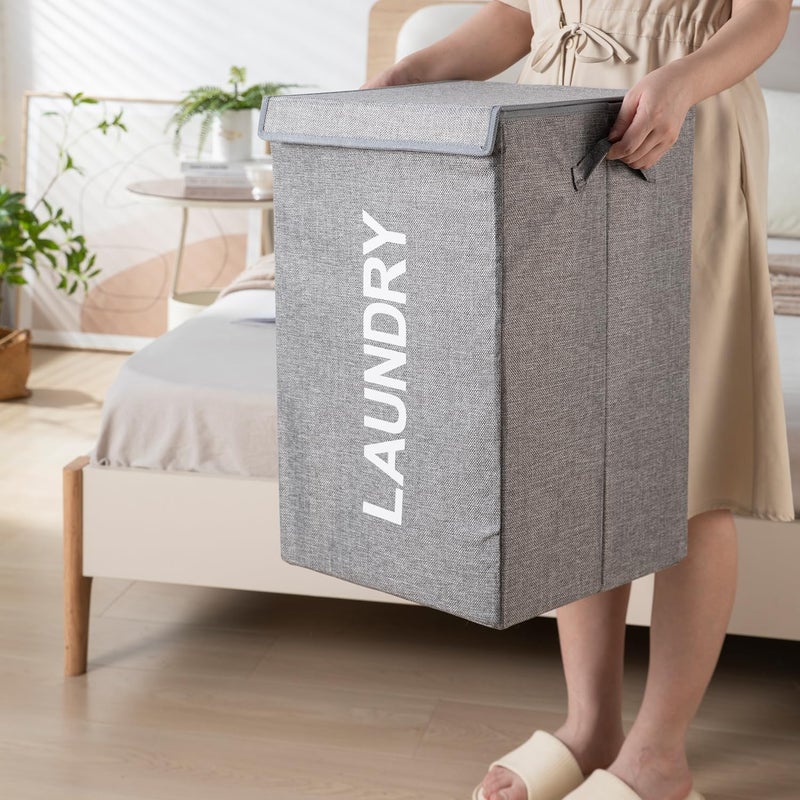QUAIL Non Woven Foldable Jute Printed 75 Liter Laundry Basket with Lid Durable and Collapsible Laundry Storage Bag Clothes Toys Washing Cloth Basket Dark Grey Pack of 1 - Image 3