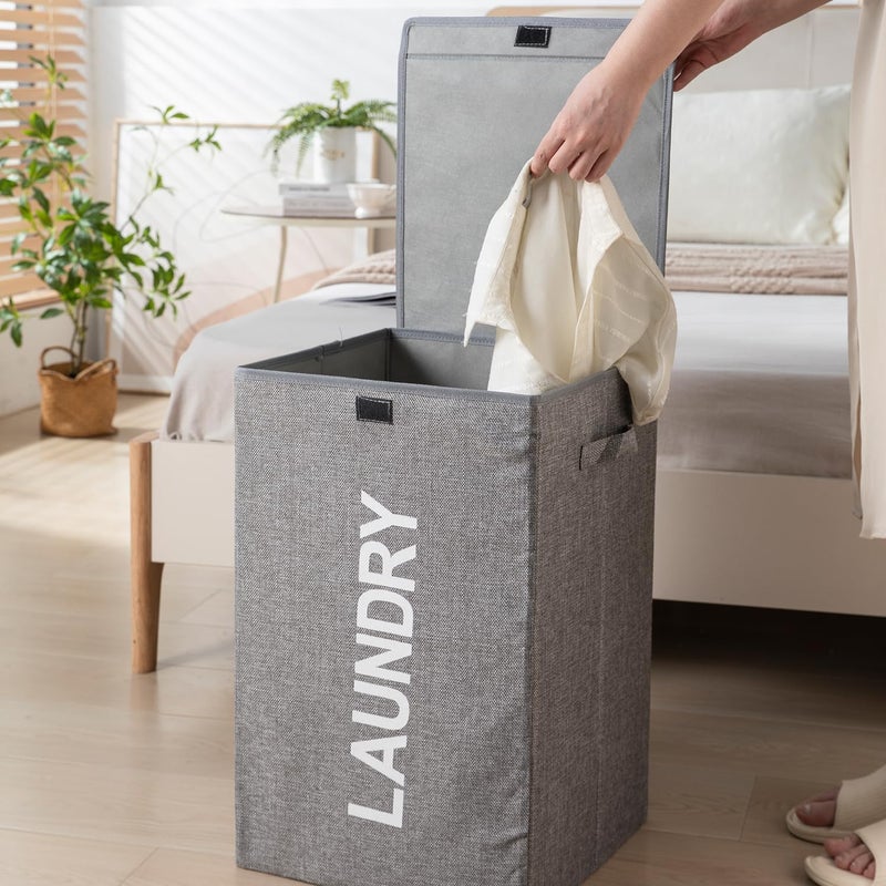 QUAIL Non Woven Foldable Jute Printed 75 Liter Laundry Basket with Lid Durable and Collapsible Laundry Storage Bag Clothes Toys Washing Cloth Basket Dark Grey Pack of 1 - Image 4