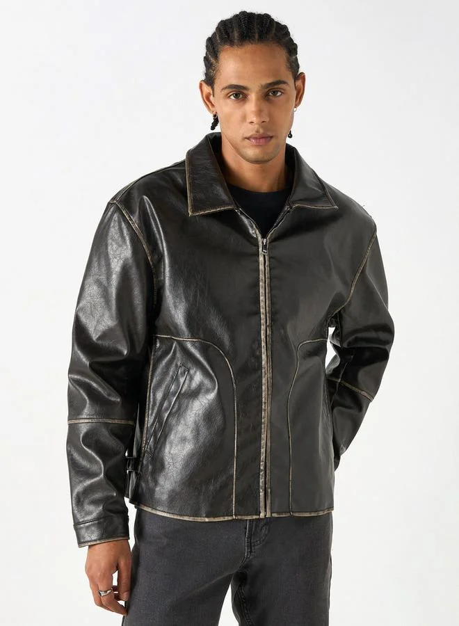 Lee Cooper Solid Zip Through Biker Jacket with Pockets