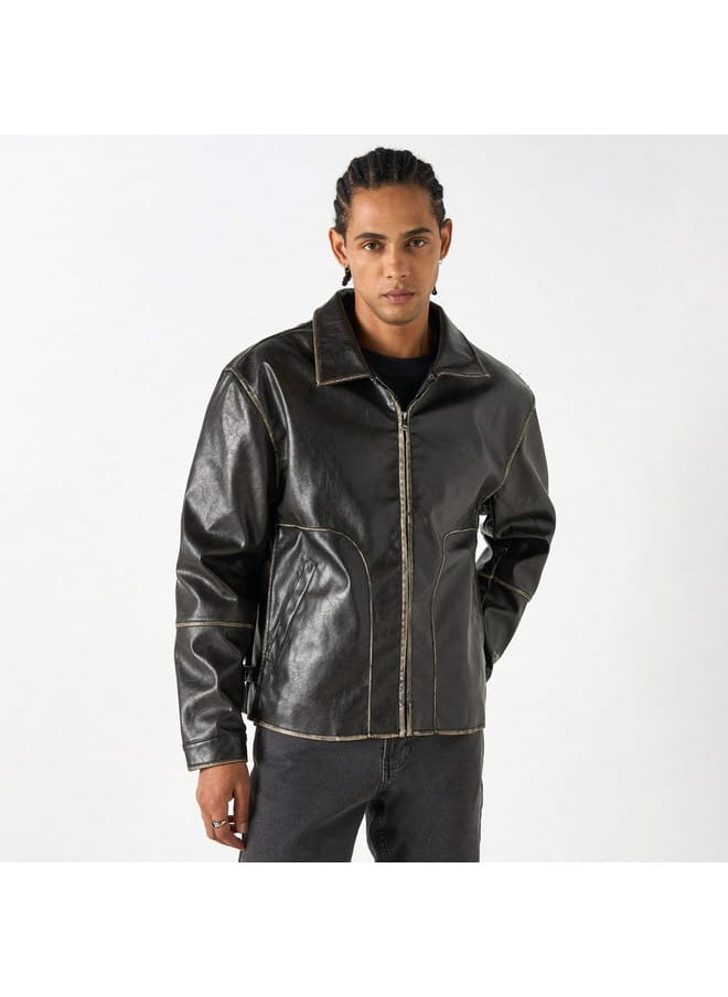 Lee Cooper Lee Cooper Solid Zip Through Biker Jacket with Pockets  - Image 1