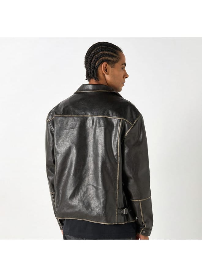 Lee Cooper Lee Cooper Solid Zip Through Biker Jacket with Pockets  - Image 3