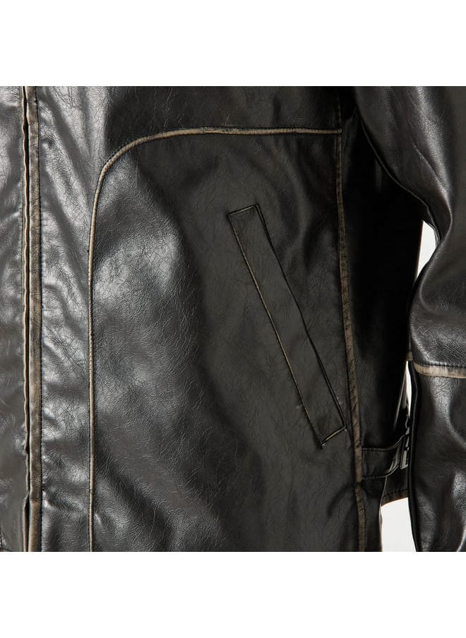 Lee Cooper Lee Cooper Solid Zip Through Biker Jacket with Pockets  - Image 4