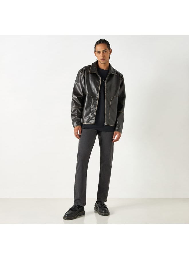 Lee Cooper Lee Cooper Solid Zip Through Biker Jacket with Pockets  - Image 2