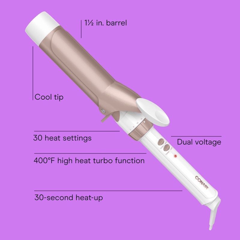 Conair Double Ceramic 1 Â½-Inch Curling Iron, 1 Â½-Inch Barrel Creates Soft Waves & Curls, Hair Curler for Use on Medium & Long Hair, White/Rose Gold - Image 2