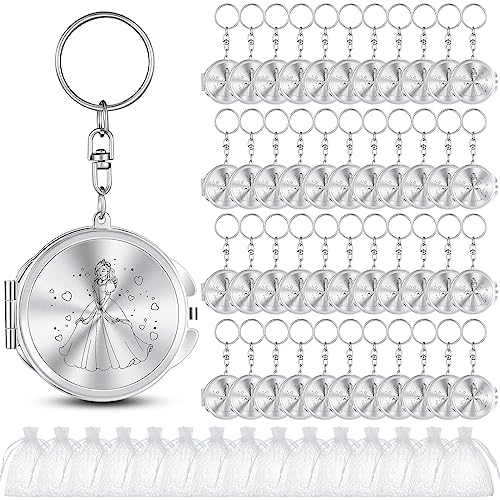 Nosiny 100 Sets Quinceanera Party Favor for Guests Silver Compact Mirror Keychain with White Organza Bag 15 Birthday Gift for Guest Princess Party Favor - Image 1