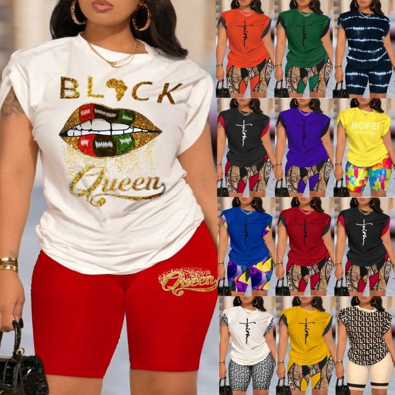Women's Casual Digital Print Short Sleeve Tracksuit Set - Image 1