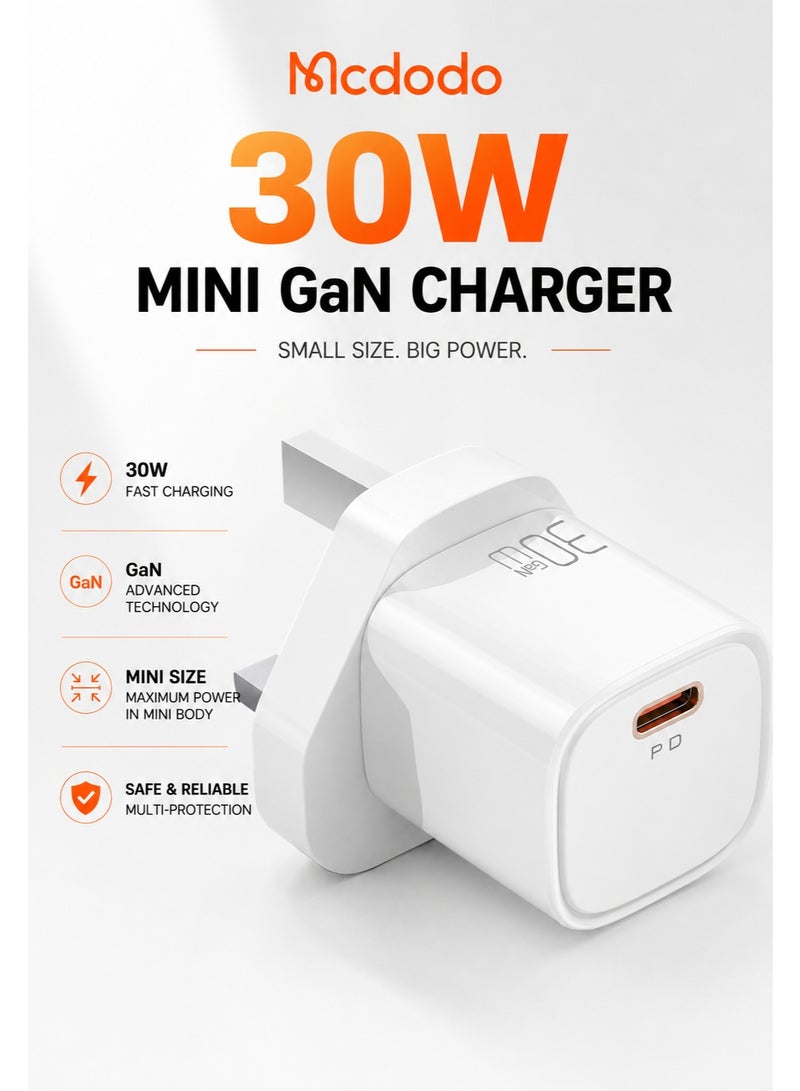 مكدودو شاحن Mcdodo CH-0580 بقدرة 30 واط USB-C PD Mini GaN شحن سريع قابس بريطاني (UK) لون أبيض بمنفذ Type-C واحد - Image 1