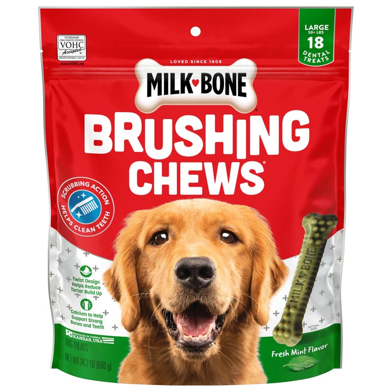 Milk-Bone Fresh Breath Brushing Chews, 18 Large Daily Dental Dog Treats Scrubbing Action Helps Clean Teeth - Image 1