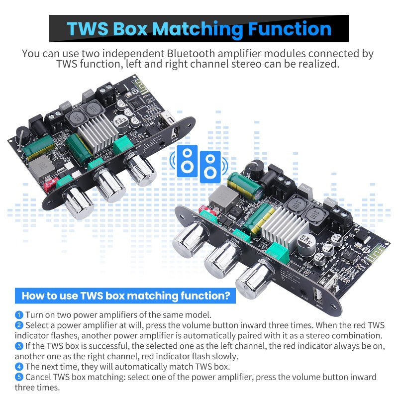 ARRAROWN 2 Pack ZK-1001U Bluetooth 5.3 Mono Amplifier Board with TWS & Boost Circuit, Mini Audio Amp for Home Outdoor DIY Speakers with 100W Power Output, Treble and Bass, USB/AUX/BT Input, DC 9-24V - Image 3