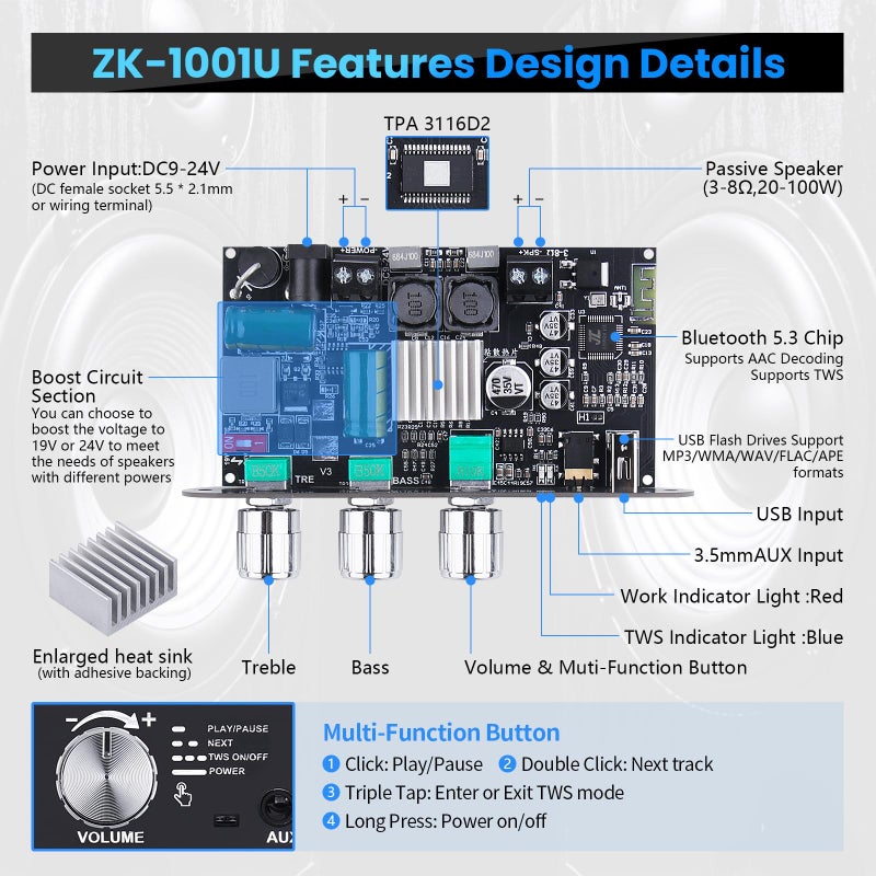 ARRAROWN 2 Pack ZK-1001U Bluetooth 5.3 Mono Amplifier Board with TWS & Boost Circuit, Mini Audio Amp for Home Outdoor DIY Speakers with 100W Power Output, Treble and Bass, USB/AUX/BT Input, DC 9-24V - Image 5