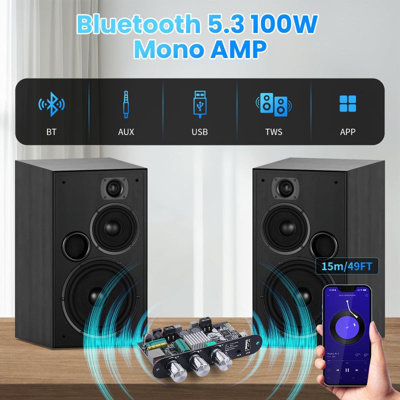 ARRAROWN 2 Pack ZK-1001U Bluetooth 5.3 Mono Amplifier Board with TWS & Boost Circuit, Mini Audio Amp for Home Outdoor DIY Speakers with 100W Power Output, Treble and Bass, USB/AUX/BT Input, DC 9-24V - Image 2