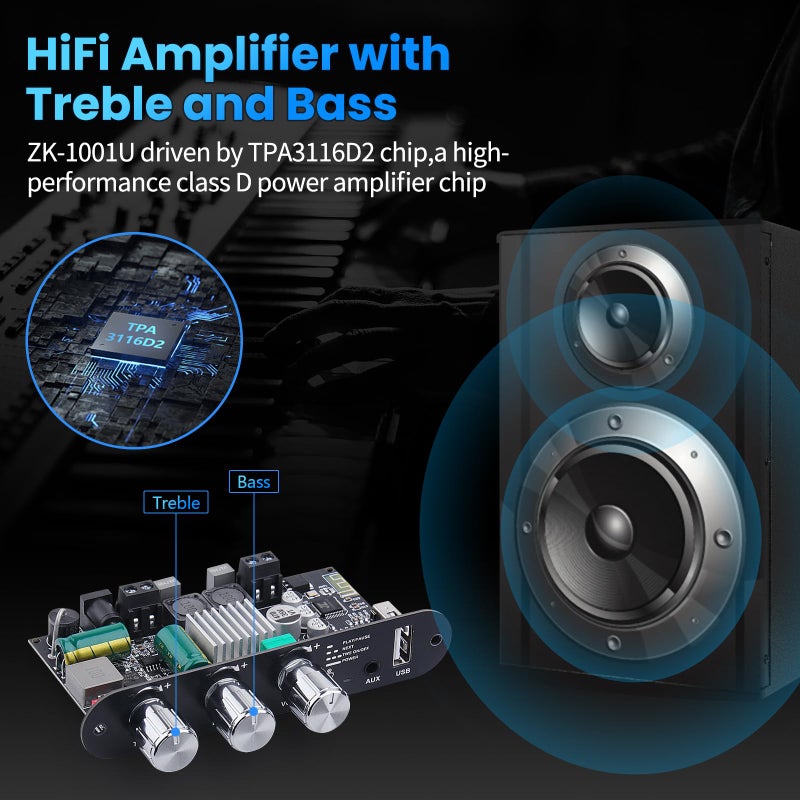 ARRAROWN 2 Pack ZK-1001U Bluetooth 5.3 Mono Amplifier Board with TWS & Boost Circuit, Mini Audio Amp for Home Outdoor DIY Speakers with 100W Power Output, Treble and Bass, USB/AUX/BT Input, DC 9-24V - Image 4