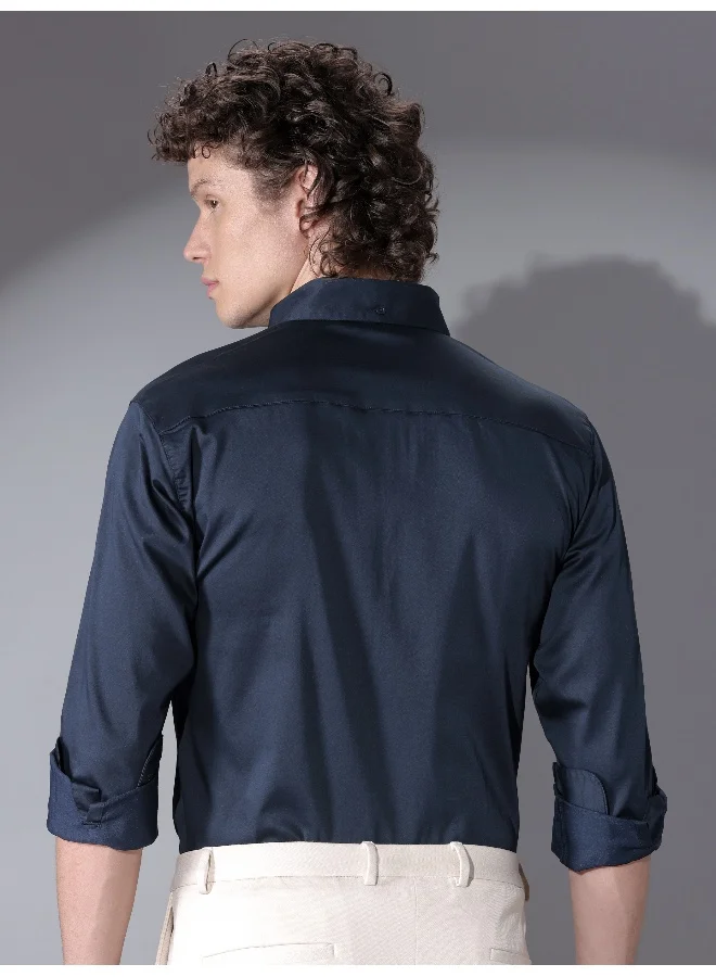 Beyoung Navy Blue Satin Shirt