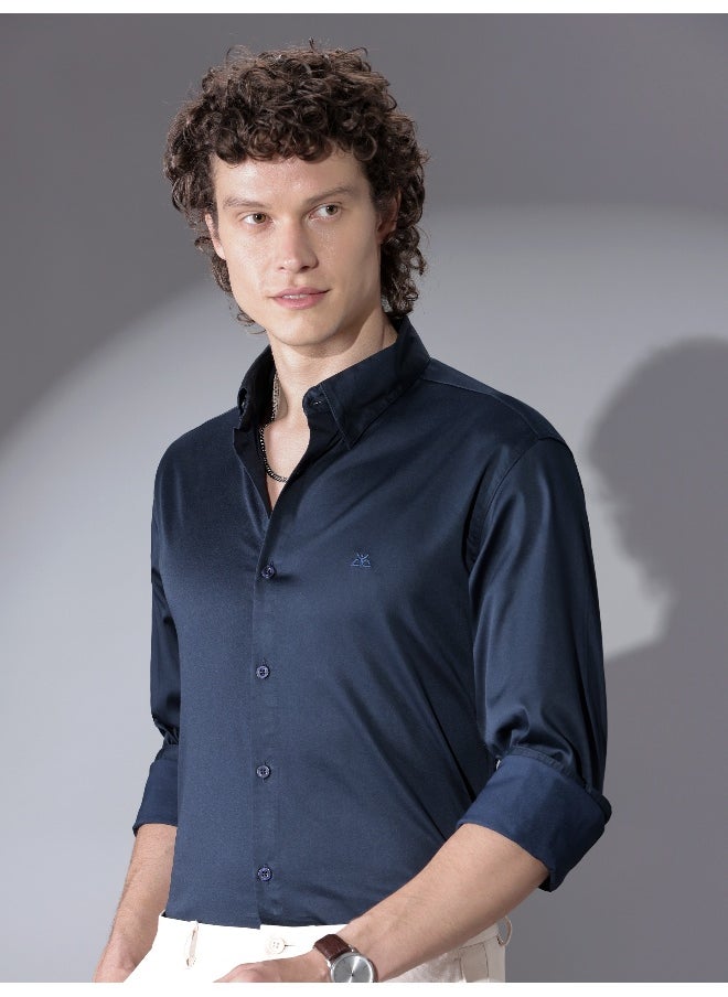Beyoung Navy Blue Satin Shirt  - Image 3