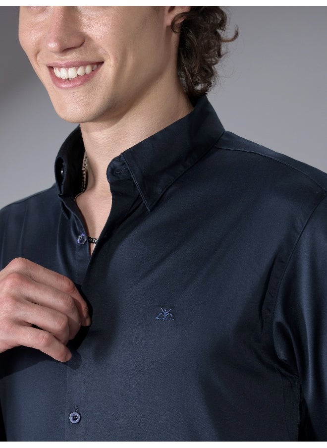 Beyoung Navy Blue Satin Shirt  - Image 2