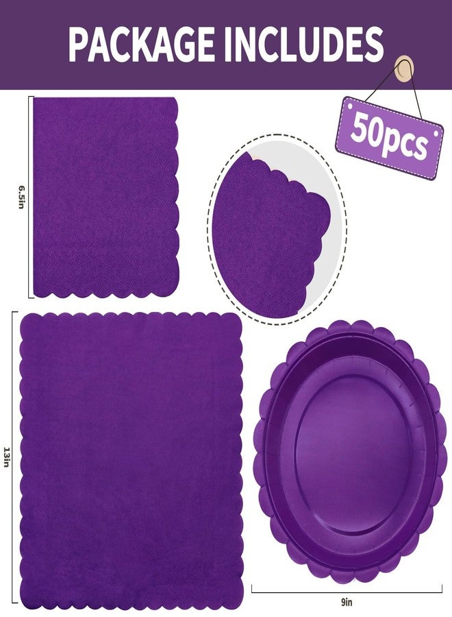 VEIZEDD 100Pcs Purple Party Supplies Including Scalloped Purple Paper Plates Napkins Serves 50,Disposable Party Dinnerware Set for Birthday Halloween Graduation - Image 2