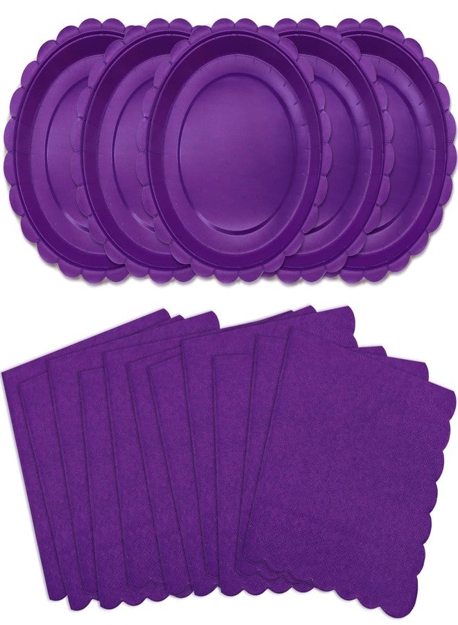 VEIZEDD 100Pcs Purple Party Supplies Including Scalloped Purple Paper Plates Napkins Serves 50,Disposable Party Dinnerware Set for Birthday Halloween Graduation - Image 1