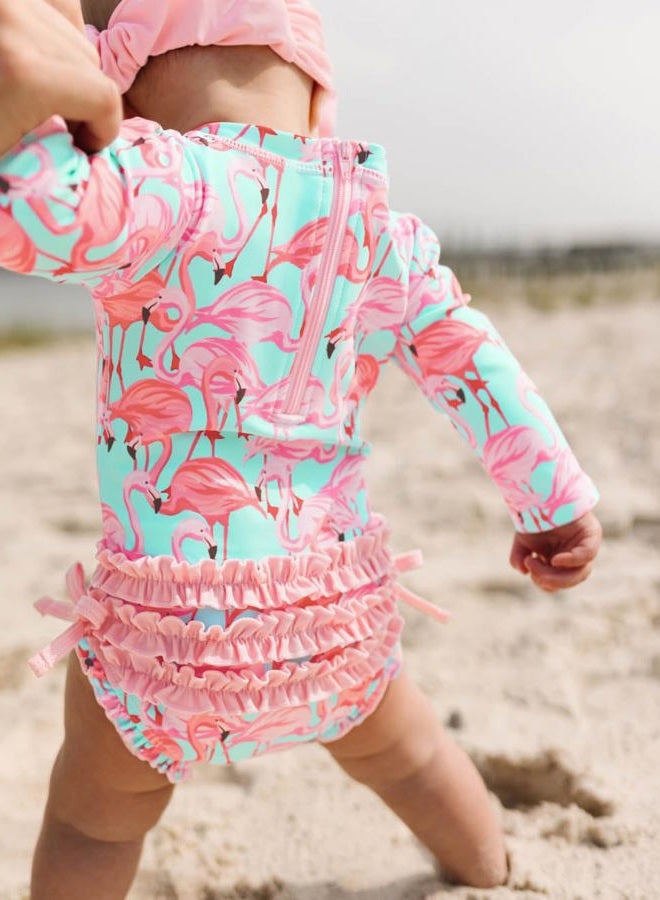 RuffleButts Baby/Toddler Girls Fab Flamingo One Piece Rash Guard - 3-6m - Image 5