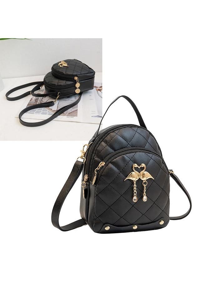 Arabest - Women Small Backpack Swan Pendant Embroidered Double Layer Mini Cute Travel Backpack for Girls Women Black Free Size - Image 1