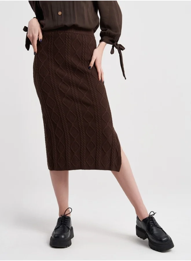 هايليز Women's Cable Knit Midi Skirt - Brown