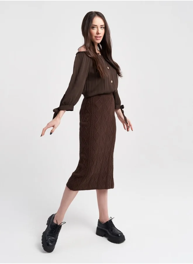 هايليز Women's Cable Knit Midi Skirt - Brown