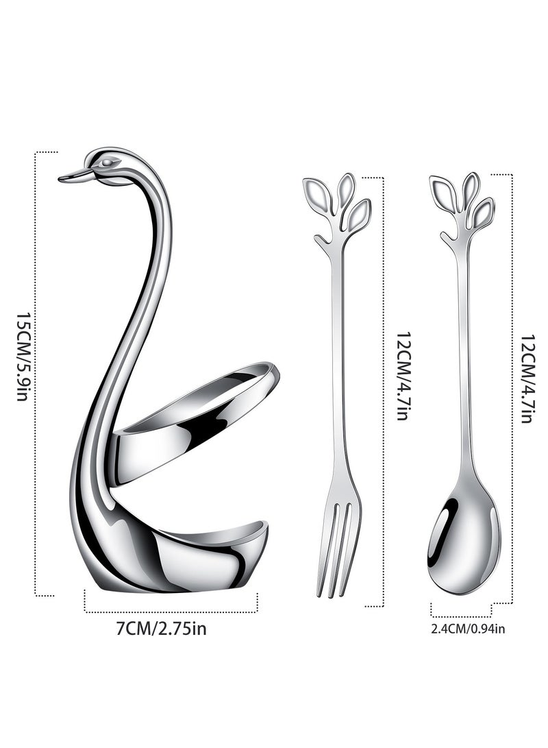 زاڤية طقم أواني طعام إبداعي فضي - قاعدة سوان زخرفية مع 5 شوكة و 5 ملاعق للاستخدام في القهوة، الفواكه، الحلويات، التحريك، الخلط، السكر، التحريك، الآيس كريم، الكيك، ملعقة الشاي - Image 2