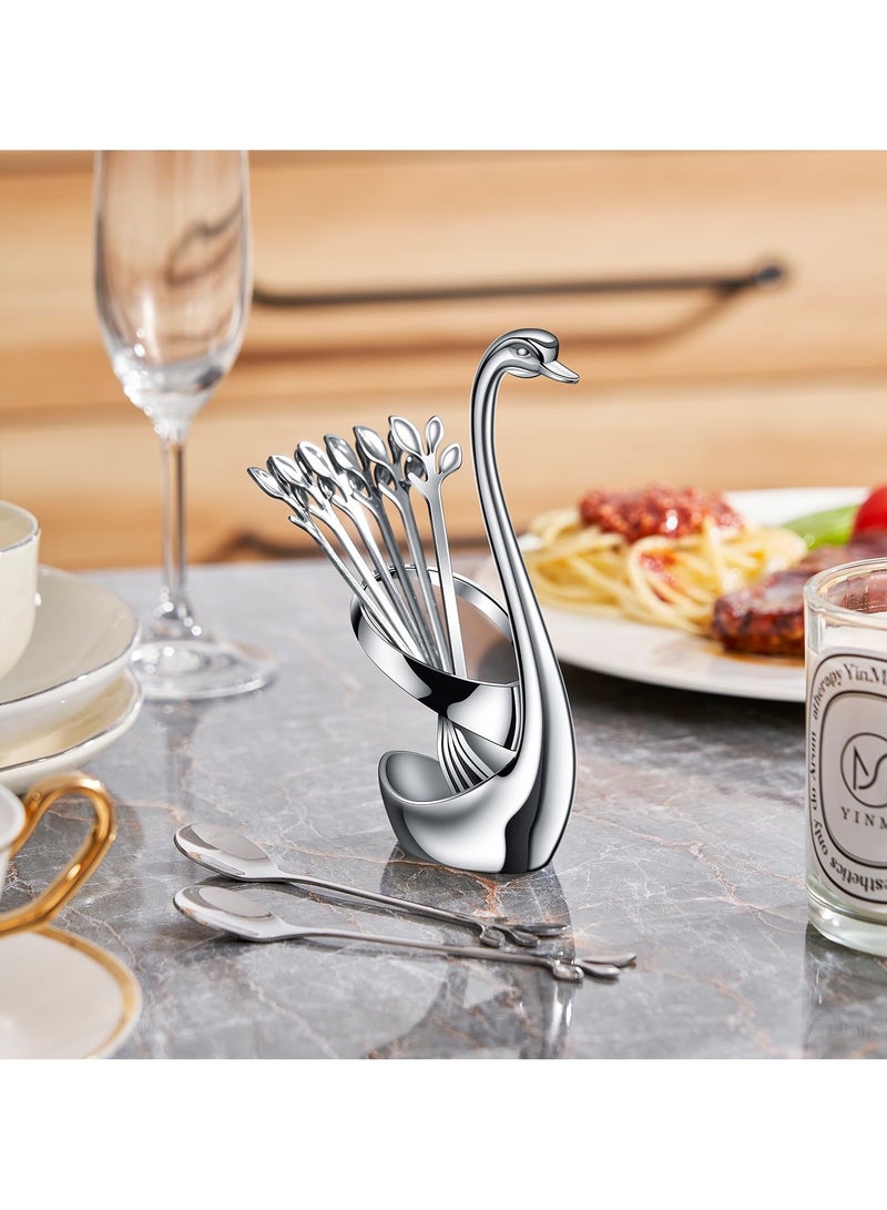 زاڤية طقم أواني طعام إبداعي فضي - قاعدة سوان زخرفية مع 5 شوكة و 5 ملاعق للاستخدام في القهوة، الفواكه، الحلويات، التحريك، الخلط، السكر، التحريك، الآيس كريم، الكيك، ملعقة الشاي - Image 5