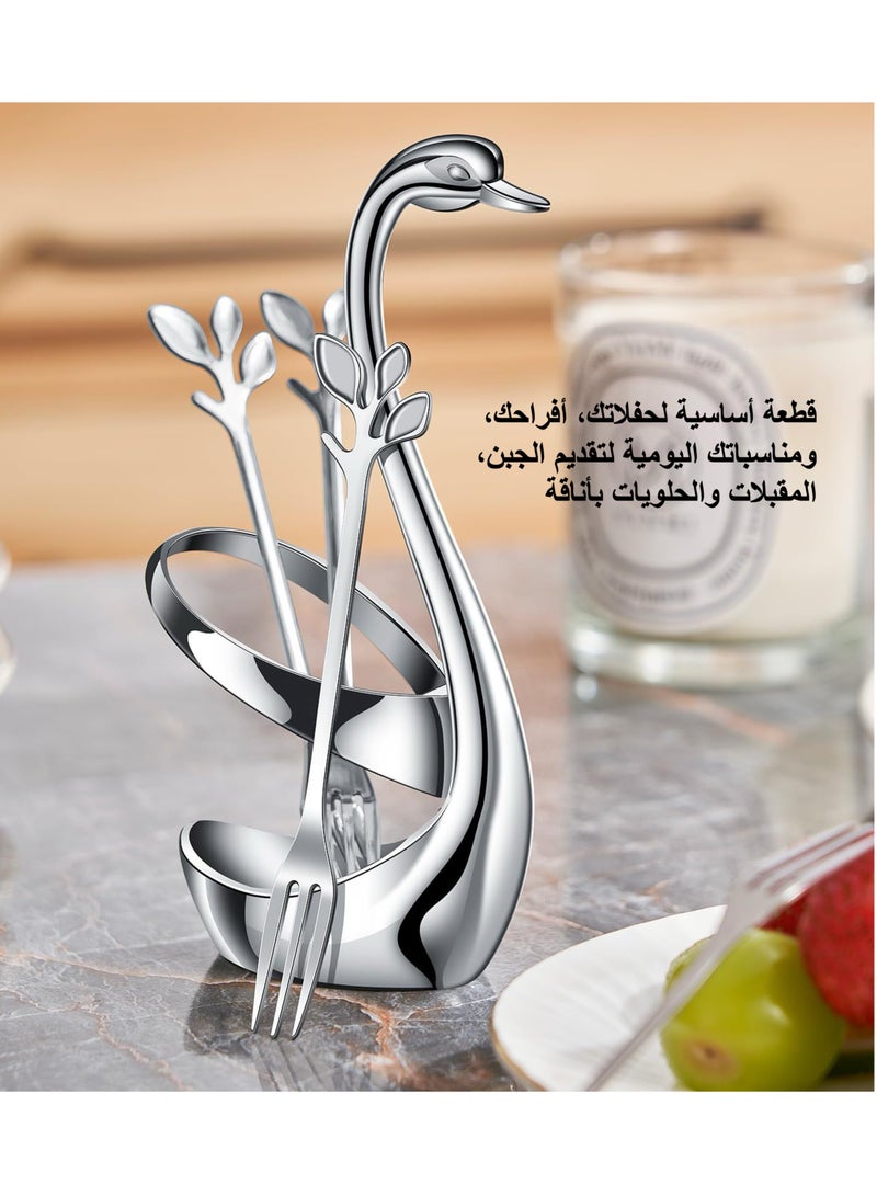 زاڤية طقم أواني طعام إبداعي فضي - قاعدة سوان زخرفية مع 5 شوكة و 5 ملاعق للاستخدام في القهوة، الفواكه، الحلويات، التحريك، الخلط، السكر، التحريك، الآيس كريم، الكيك، ملعقة الشاي - Image 3