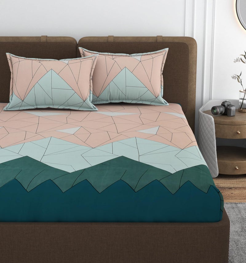 VOMZER 320 TC Cotton Feel All Around Elastic Fitted Queen Size Bedsheets, Supersoft Elastic Fitted Double Bedsheet with 2 Pillow Covers, Size 60x78x8 Inches Green - Image 1