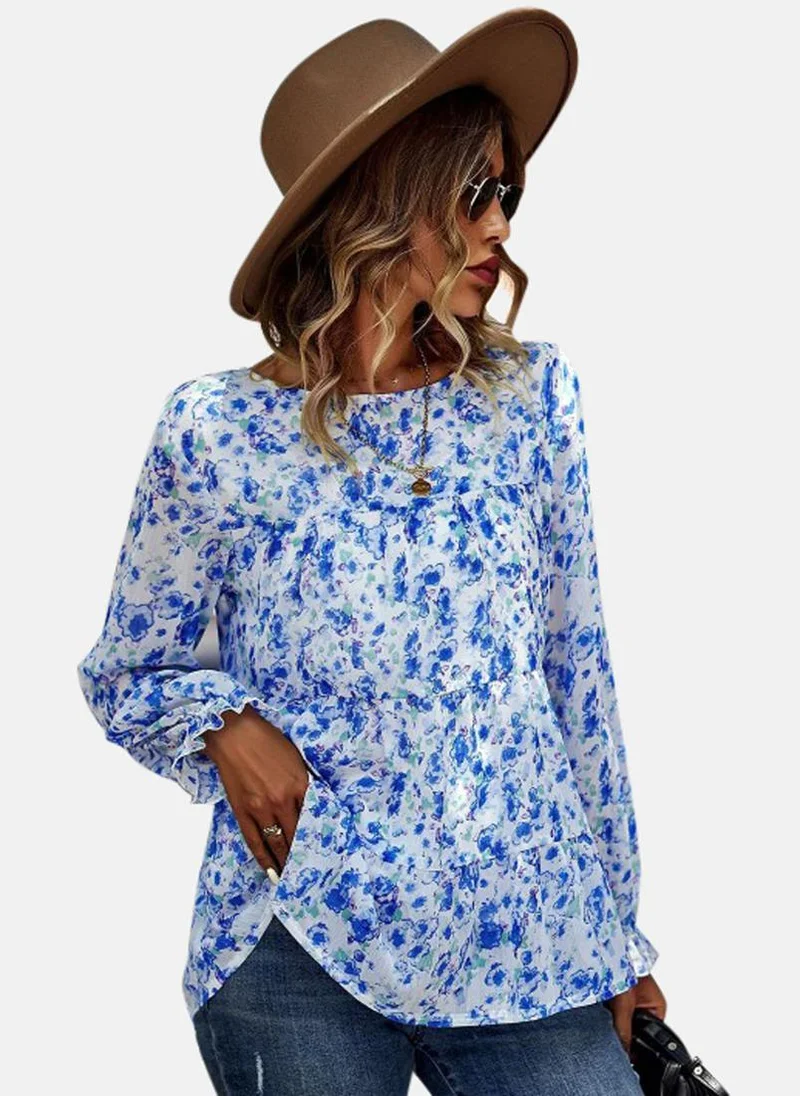 YUNIQEE Blue Round Neck Printed Top