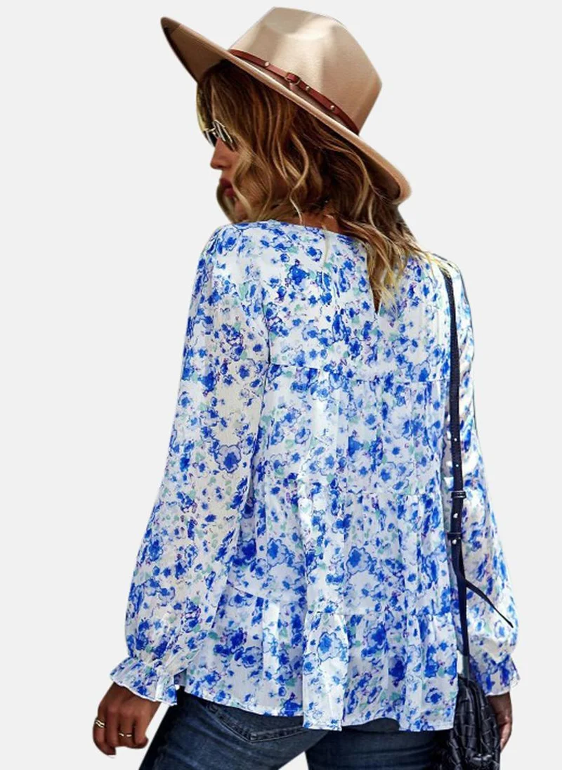 YUNIQEE Blue Round Neck Printed Top