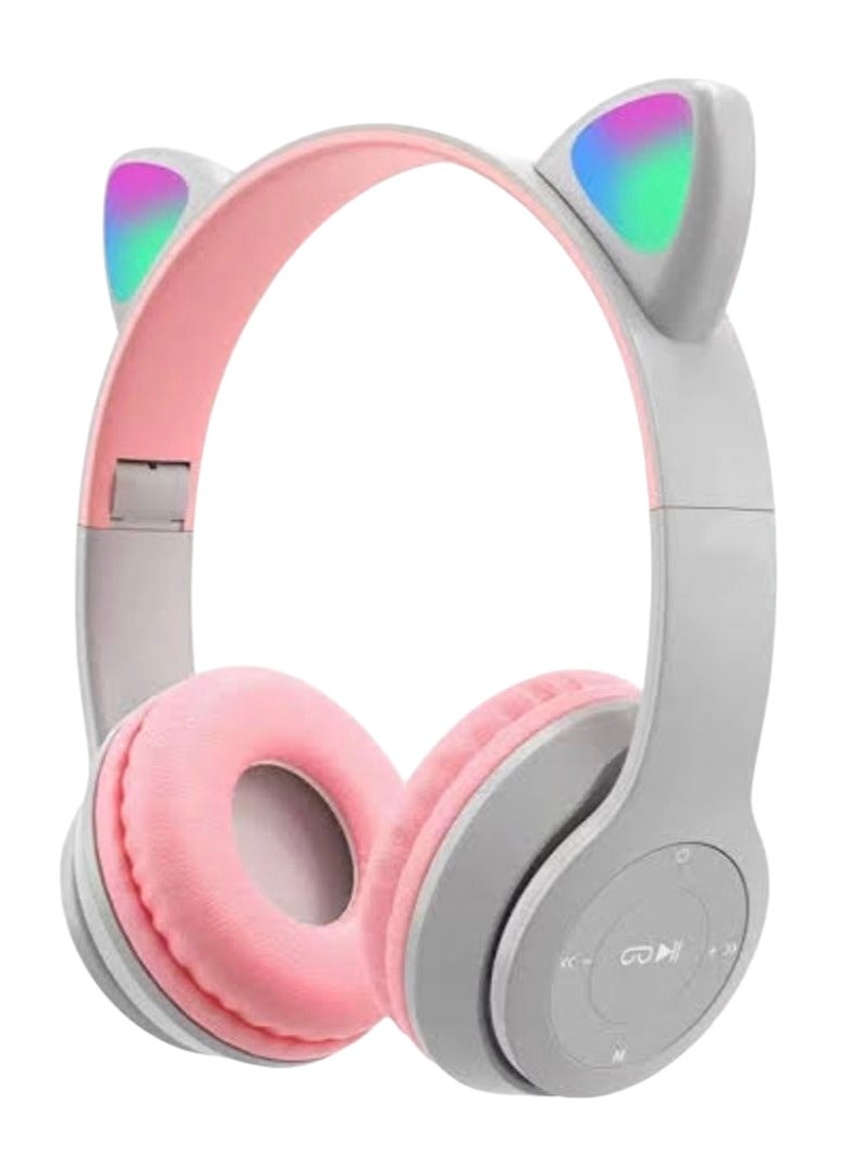P47M Wireless Stereo Gaming Headset with Cat Ear Lights for Kids and Adults - Pink on Grey - Image 1