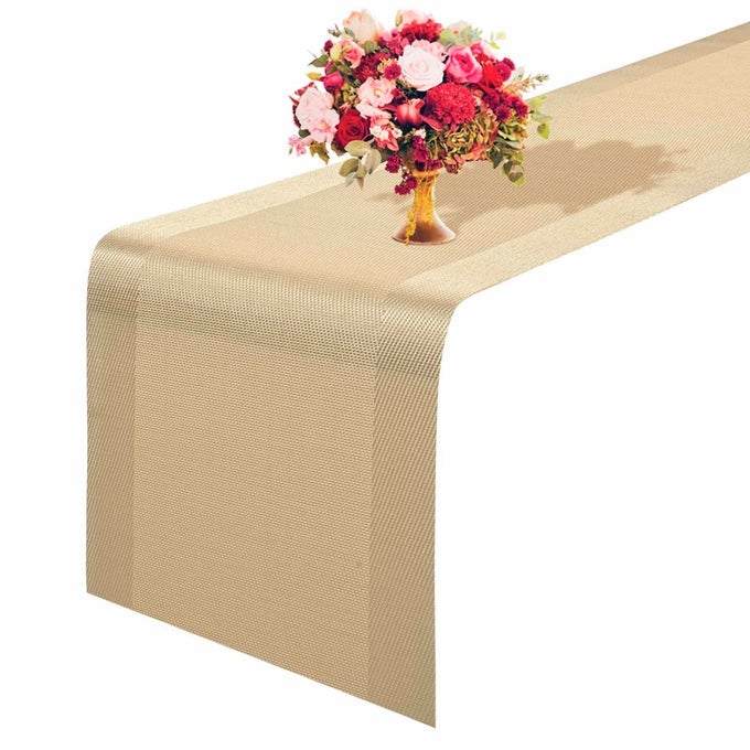 TABLE RUNNER 12X53IN HEATRESISTANT WOVEN VINYL LONG TABLETOP NONSLIP WASHABLE PVC TABLE RUNNERS EASY TO CLEAN PREMIUM PLASTIC DRESSER COVER FOR WEDDING DECOR HOME ART GOLDEN
