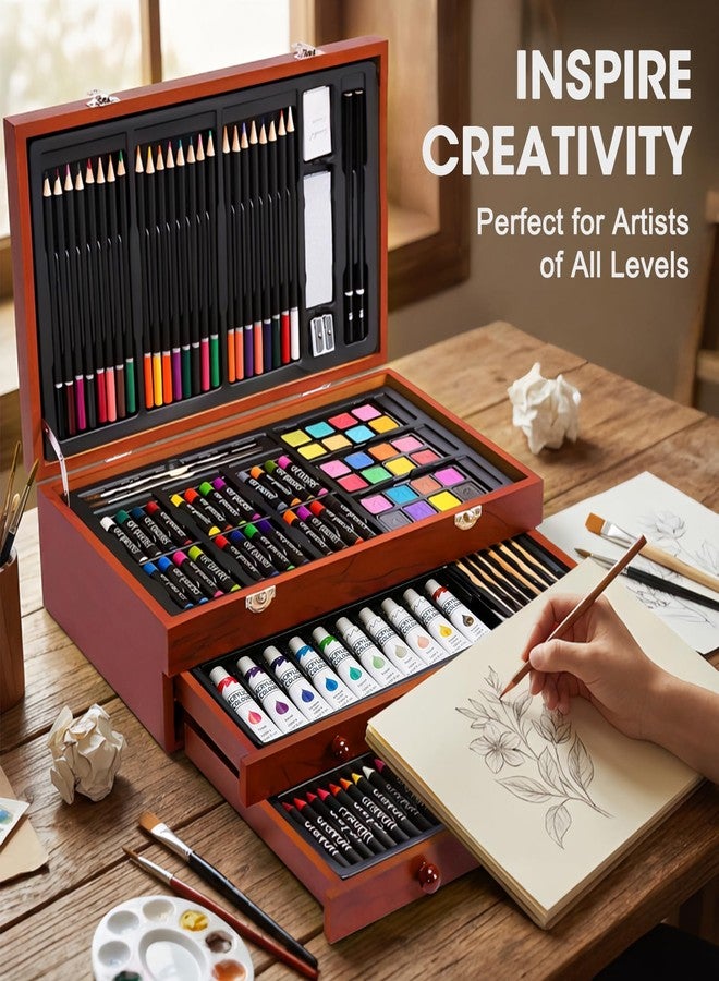 Color More مجموعة أدوات الرسم الفاخرة من كولور مور، 175 قطعة، تتضمن لوحتي رسم، ألوان أكريليك، أقلام تلوين، أقلام رصاص ملونة، مجموعة ألوان في علبة خشبية، مجموعة أدوات فنية احترافية، لوازم فنية للكبار والمراهقين والفنانين، لوازم الرسم - Image 4
