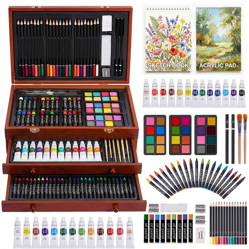 Color More مجموعة أدوات الرسم الفاخرة من كولور مور، 175 قطعة، تتضمن لوحتي رسم، ألوان أكريليك، أقلام تلوين، أقلام رصاص ملونة، مجموعة ألوان في علبة خشبية، مجموعة أدوات فنية احترافية، لوازم فنية للكبار والمراهقين والفنانين، لوازم الرسم - Image 1