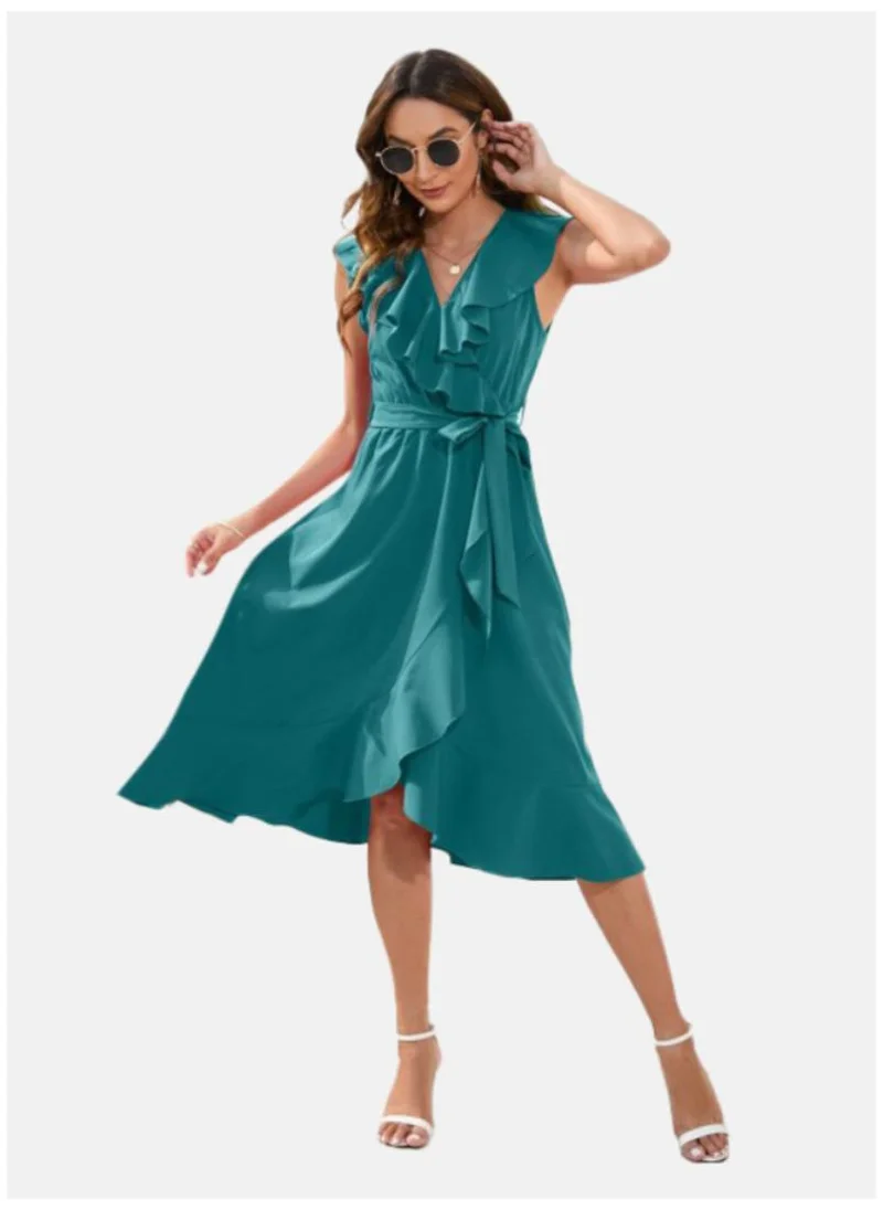 يونيكي Blue V-Neck Ruffled & Tie Up Satin Fit & Flare Dress