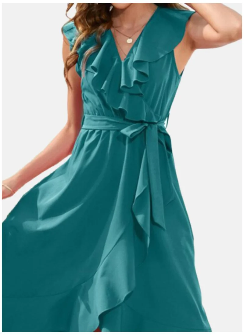 يونيكي Blue V-Neck Ruffled & Tie Up Satin Fit & Flare Dress