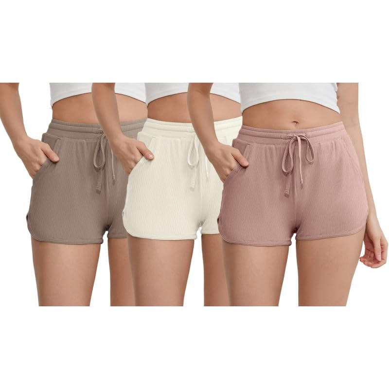 HEARTNICE 3-Pack Women's Soft Lounge Pajama Shorts, Casual Sleepwear for Yoga Gym Running Sleep(Khaki+Beige+Dusty Pink, M)