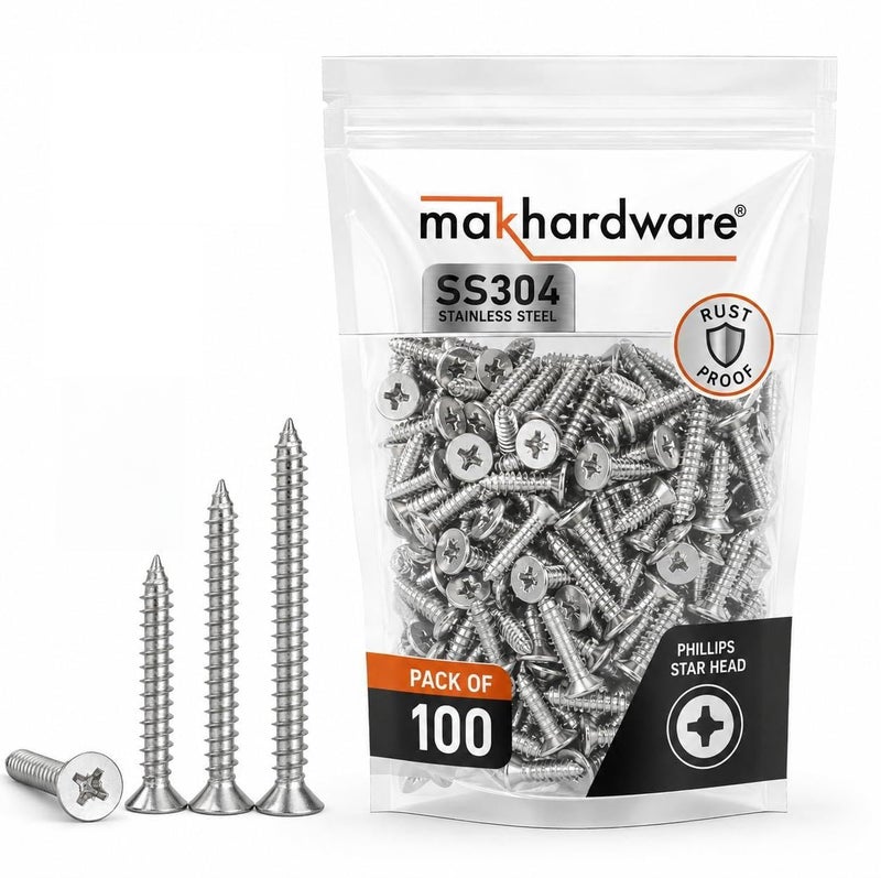 Mak Hardware® Stainless Steel 304 Phillips Star Head Screws – Anti-Rust, Durable Screws for Wood, Plywood, Drywall & Wall Fixing – Pack of 100 (32mm) - Image 1