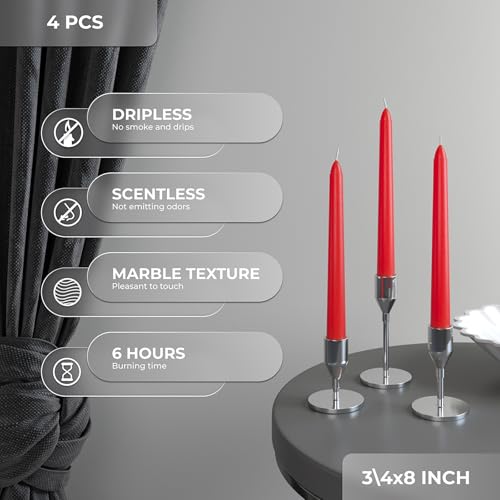 CANDWAX 8 inch Taper Candles Set of 4 - Dripless and Long Burning Candlesticks Perfect for Dinner or Party Decor - Red Candles - Image 3