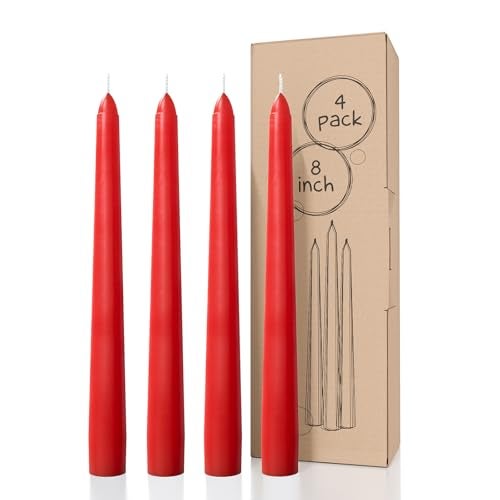 CANDWAX 8 inch Taper Candles Set of 4 - Dripless and Long Burning Candlesticks Perfect for Dinner or Party Decor - Red Candles - Image 1