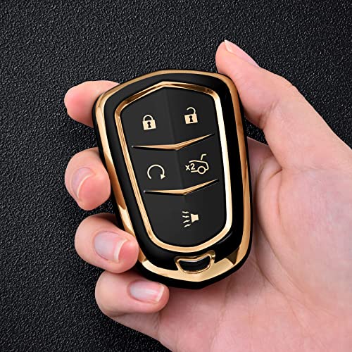 ELOHEI Key Fob Cover for Cadillac, Key Fob Case for 2015-2019 Cadillac Escalade CTS SRX XT5 ATS STS CT6 5-Buttons Premium Soft TPU 361 Degree Full Protection (Gold Edge Black) - Image 5