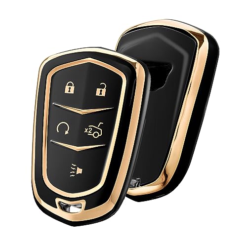 ELOHEI Key Fob Cover for Cadillac, Key Fob Case for 2015-2019 Cadillac Escalade CTS SRX XT5 ATS STS CT6 5-Buttons Premium Soft TPU 361 Degree Full Protection (Gold Edge Black) - Image 1