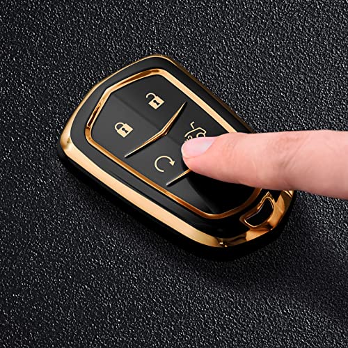 ELOHEI Key Fob Cover for Cadillac, Key Fob Case for 2015-2019 Cadillac Escalade CTS SRX XT5 ATS STS CT6 5-Buttons Premium Soft TPU 361 Degree Full Protection (Gold Edge Black) - Image 2
