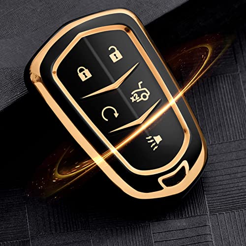 ELOHEI Key Fob Cover for Cadillac, Key Fob Case for 2015-2019 Cadillac Escalade CTS SRX XT5 ATS STS CT6 5-Buttons Premium Soft TPU 361 Degree Full Protection (Gold Edge Black) - Image 3