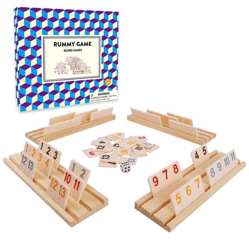 Offelec Upgraded Rummy Cube Game with 106 Large Number Rummy Tiles Set 4 Wooden Racks Dice Family Board Games for Adults Kids Travel Size Rummy Games for 24 Players Funny Night Game - Image 3