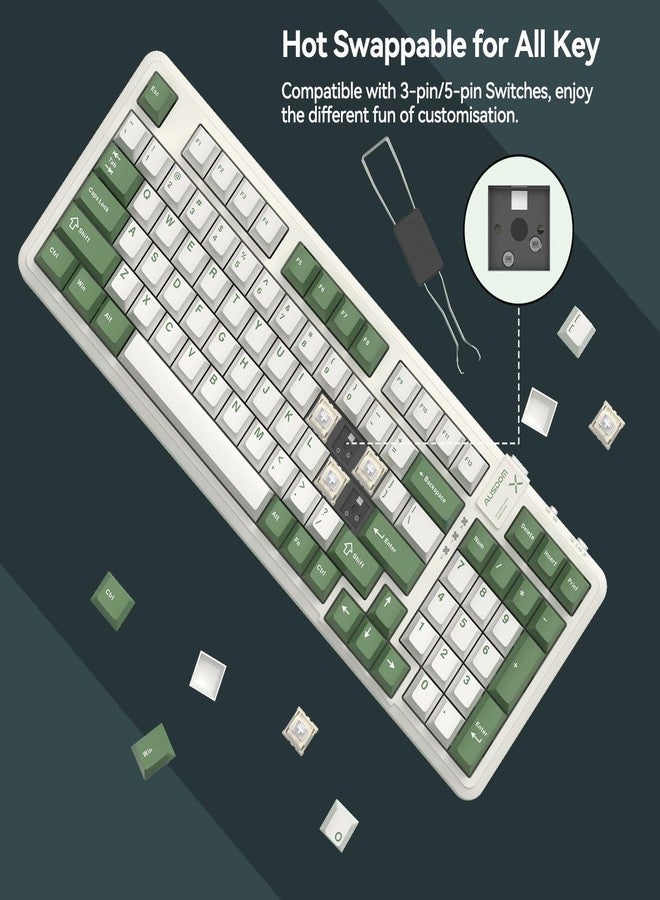 AUSDOM 98Pro Wireless Mechanical Keyboard, Tri-Mode BT/2.4GHz/USB-C Hot Swappable Custom Gaming Keyboard with Backlit, Gasket Structure, Linear Switches for Windows/Mac/PC (Green&White 97keys) - Image 3