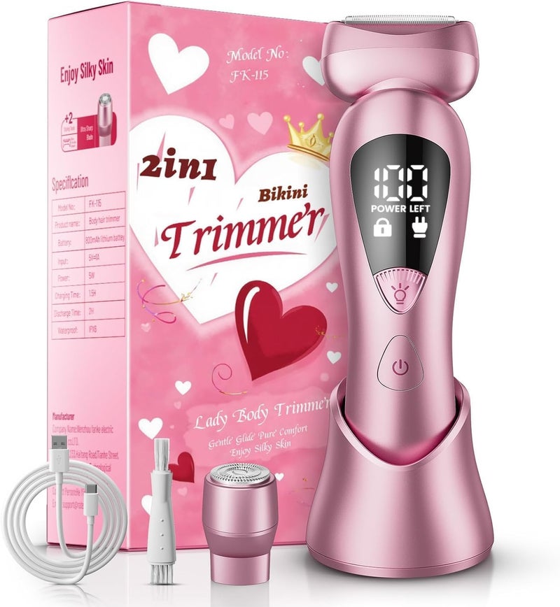 Telfun Electric Shaver for Women: Rechargeable Painless Bikini Trimmer for Body Hair - IPX7 Waterproof Cordless Razor with LED Display for Face/Underarm/Leg Light Pink - Image 1