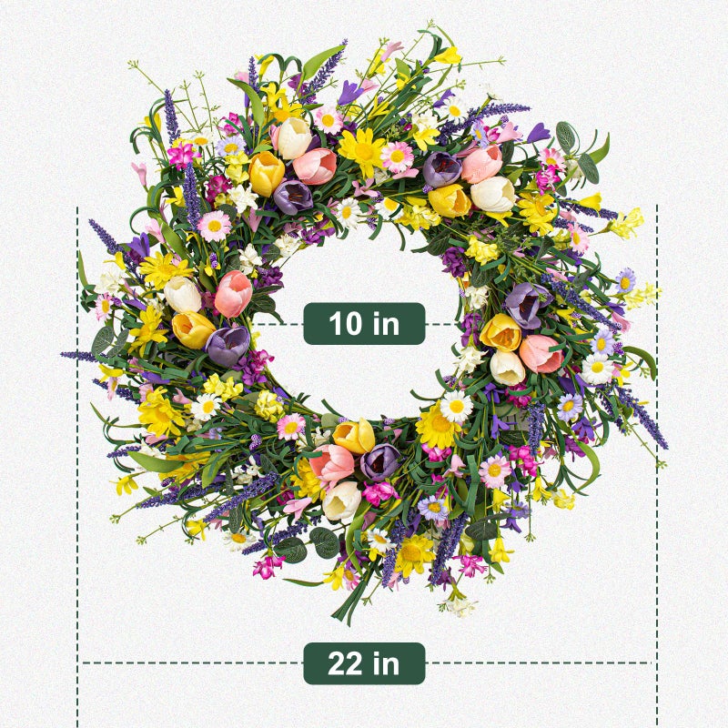 LLZLL Spring Wreath 22 inch Indoor Summer Wreaths Artificial Spring Wreaths for Front Door, Tulip Wreath with Daisy and Lavender for Home Holiday Decor - Image 4
