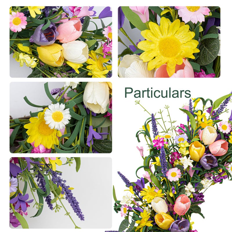 LLZLL Spring Wreath 22 inch Indoor Summer Wreaths Artificial Spring Wreaths for Front Door, Tulip Wreath with Daisy and Lavender for Home Holiday Decor - Image 5